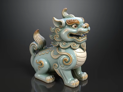 The image focuses on a ceramic qilin statue, not a sofa and coffee table set. Since the required subject "sofa and coffee table combination" is not shown in the picture, a relevant title cannot be generated. 3d model