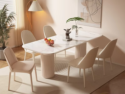 Modern White Dining Table Set with Beige Chairs Fruits Plant and Decorative Items 3d model