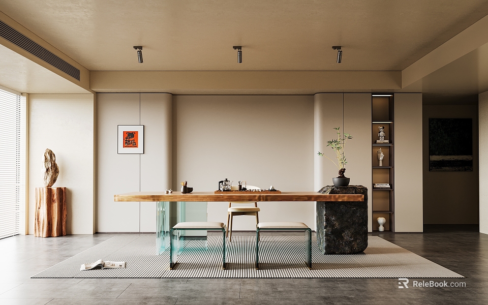 Elegant Modern Tea Room Interior With Wooden Table Glass Chairs And Decorative Plants 3d model 