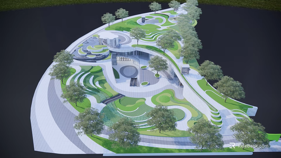 Modern Lush Park Landscape Design With Curved Pathways Green Lawns And Trees 3d model 