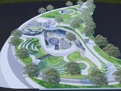 Modern Lush Park Landscape Design With Curved Pathways Green Lawns And Trees 3d model