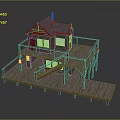 Two Story Wooden House With Red Doors And Windows And Staircase On Elevated Wooden Deck