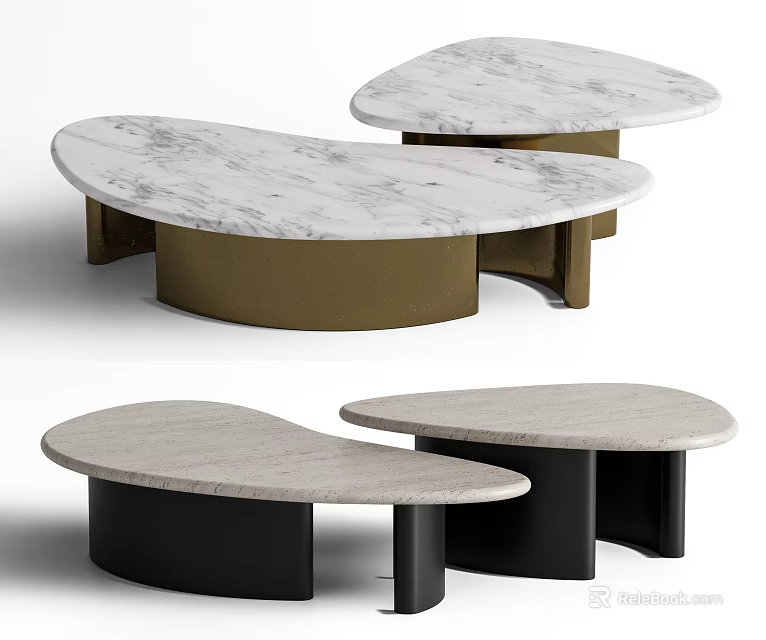 Modern Coffee Table With Marble Top And Gold Black Base Irregular Shape Design 3d model 