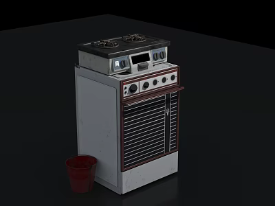 Classic Vintage Kitchen Stove with Control Panel Knobs and Red Bucket 3d model