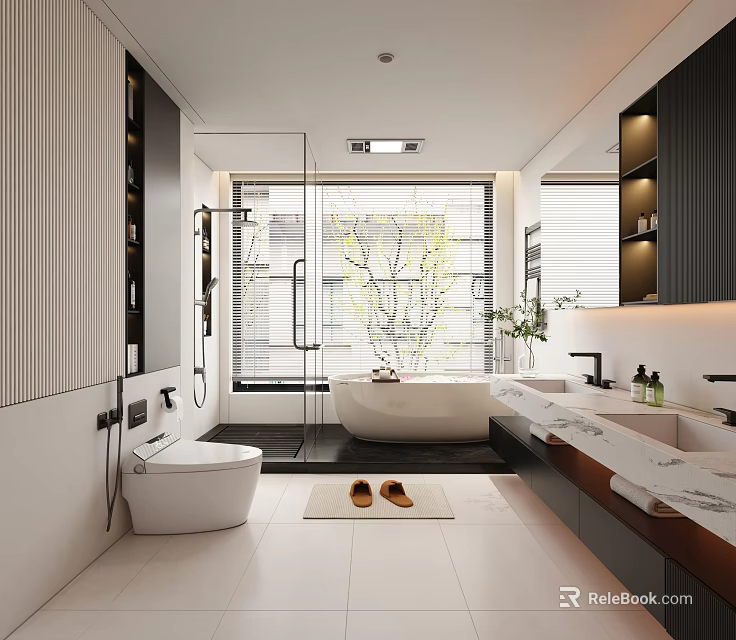 Modern Bathroom Interior Design With Freestanding Bathtub Double Sinks Large Window And Green Plants 3d model 