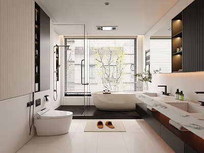 Modern Bathroom Interior Design With Freestanding Bathtub Double Sinks Large Window And Green Plants 3d model