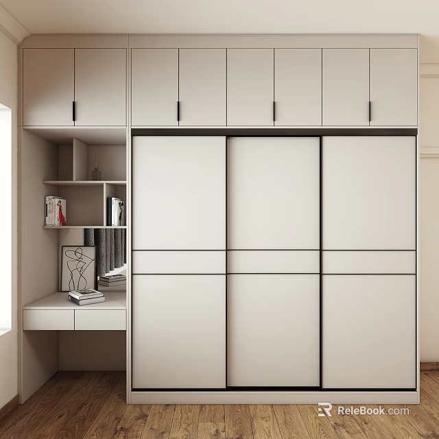 Modern Light Colored Wardrobe With Sliding Doors And Side Storage Shelves In Bedroom 3d model 
