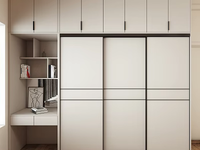 Modern Light Colored Wardrobe With Sliding Doors And Side Storage Shelves In Bedroom 3d model