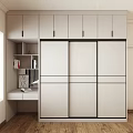Modern Light Colored Wardrobe With Sliding Doors And Side Storage Shelves In Bedroom