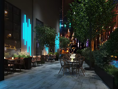 Modern Outdoor Restaurant With Trees Lighting And Comfortable Dining Seating 3d model