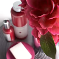 Elegant Bathroom Accessories With Red Flowers Red Bottles Silver Vase And Soap