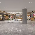 Modern Shopping Mall Lobby With Marble Floor Pillars Seating Area And Lighting Design