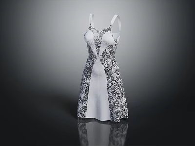 Elegant White Dress With Black Intricate Patterns And Spaghetti Straps Design 3d model