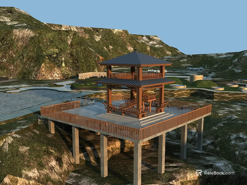 Scenic Wooden Pavilion Structure With Mountain View And Elevated Platform Railings 3d model 