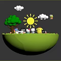 Cartoon Characters Playing On Green Grassy Bowl With Sun Clouds And Tree 3d model