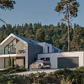 Modern Detached House With Large Glass Windows And Wooden Exterior Surrounded by Trees