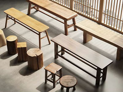 Natural Wooden Stools and Benches Display With Round Seats and Long Designs 3d model