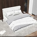 Modern Double Bed in Stylish Bedroom with Pillows Comforter Nightstand Lamp Rug and Window View