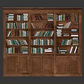 Classic Wooden Bookcase With Multiple Shelves Filled With Books And Cabinet Doors