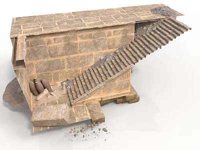 Modern Broken Brick Structure Scene With Stone Steps And Scattered Debris 3d model