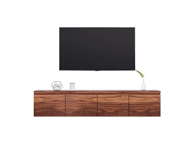 Modern Walnut Wood TV Stand With Storage Cabinets Decorative Object And Green Plant 3d model