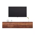 Modern Walnut Wood TV Stand With Storage Cabinets Decorative Object And Green Plant