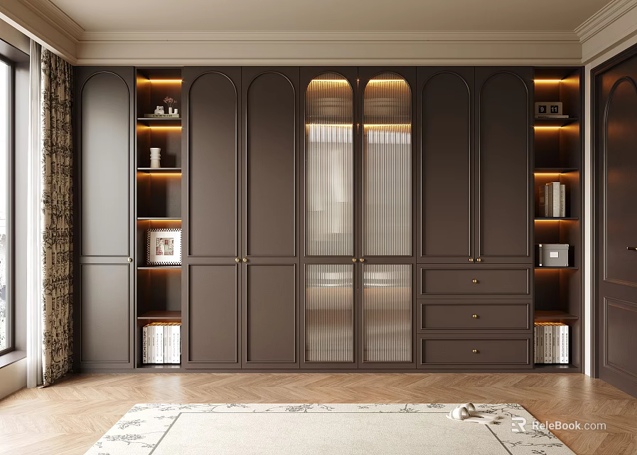 Modern Dark Brown Wardrobe With Glass Doors Storage Shelves Drawers On Wooden Floor And Rug 3d model 