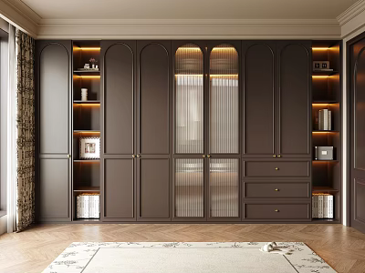 Modern Dark Brown Wardrobe With Glass Doors Storage Shelves Drawers On Wooden Floor And Rug 3d model