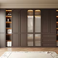 Modern Dark Brown Wardrobe With Glass Doors Storage Shelves Drawers On Wooden Floor And Rug