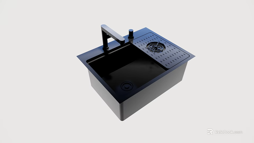 Black Single Bowl Kitchen Sink With Faucet And Drainboard For Modern Kitchens 3d model 