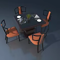 Hinged Door In Modern Dining Space With Square Table And Orange Cushioned Chairs 3d model