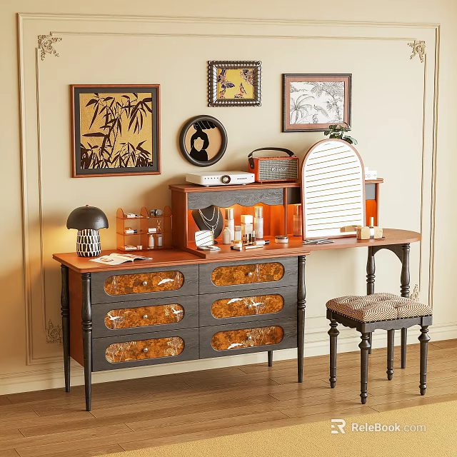 Vintage Wooden Dressing Table With White Shutter Mirror Cushioned Stool And Wall Art 3d model 
