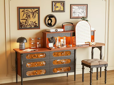 Vintage Wooden Dressing Table With White Shutter Mirror Cushioned Stool And Wall Art 3d model