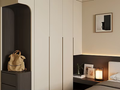 Modern Bedroom Wardrobe Design With Light Colored Doors Dark Storage And Bedside Lamp 3d model
