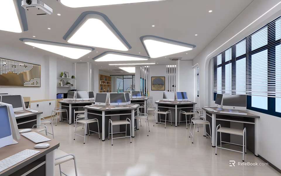 Modern School Computer Classroom Interior With Desks Computers And Lights 3d model 