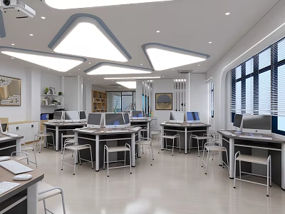 Modern School Computer Classroom Interior With Desks Computers And Lights 3d model