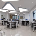 Modern School Computer Classroom Interior With Desks Computers And Lights 3d model