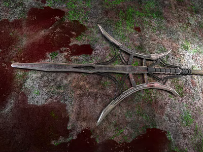 Ancient Metal Weapon with Intricate Curved Blades Lying on Mossy Bloodstained Stone Ground 3d model