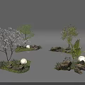 Garden Decorative Elements With Flowering Trees Green Trees Rocks Grass And Light Balls 3d model