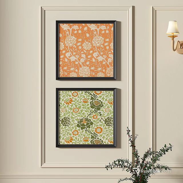 Two Abstract Paintings Featuring Floral Patterns in Orange Green Backgrounds with Black Frames 3d model