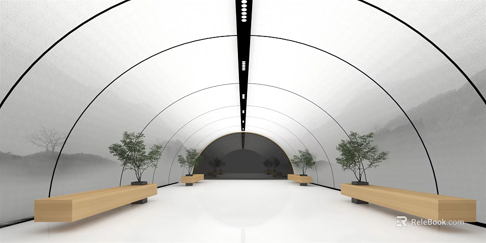 Indoor Garden Landscape With Arched Transparent Roof Wooden Benches And Black Light Strips 3d model 