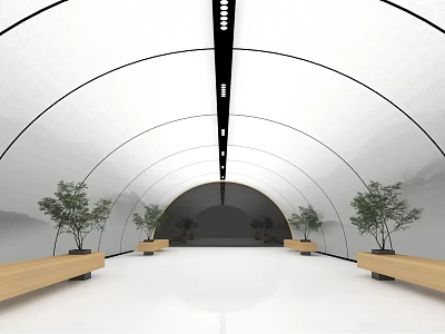 Indoor Garden Landscape With Arched Transparent Roof Wooden Benches And Black Light Strips 3d model