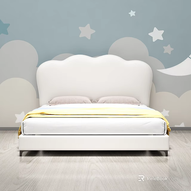 White Kids Bed With Cloud Shaped Headboard And Star Moon Wall Decor 3d model 