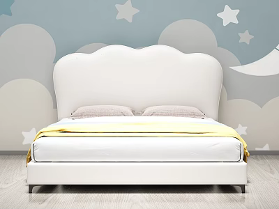 White Kids Bed With Cloud Shaped Headboard And Star Moon Wall Decor 3d model