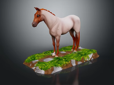 3D Model White And Brown Horse Standing on Base With Green Grass And White Rocks 3d model