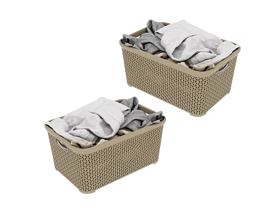 Two Woven Wicker Laundry Baskets Filled With Gray And White Clothes 3d model