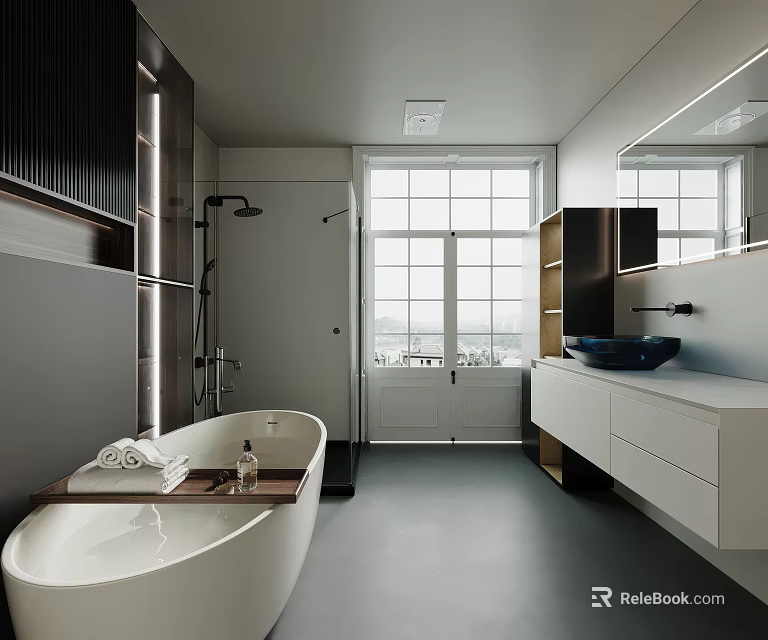 Modern Bathroom Interior Design With White Bathtub Vanity Black Basin Large Window And Natural Light 3d model 