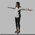 Woman In White Hoodie Black Leggings And Brown Shoes With Arms Outstretched On Gray Background