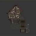 Detailed Traditional Windmill Model With Red Roof Wooden Structure Stone Base And Water Wheel