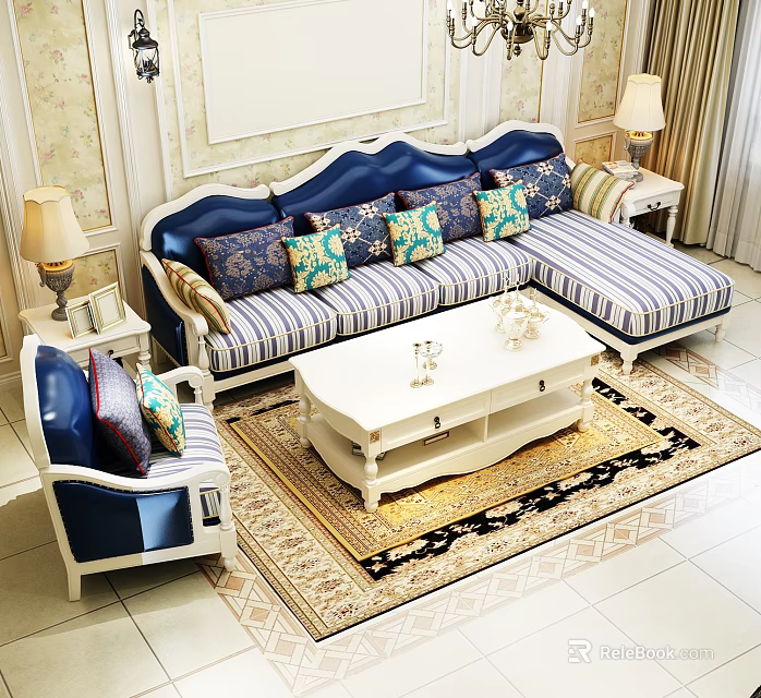 Elegant Blue And White Striped Sofa Coffee Table Set With Decorative Pillows On Patterned Rug 3d model